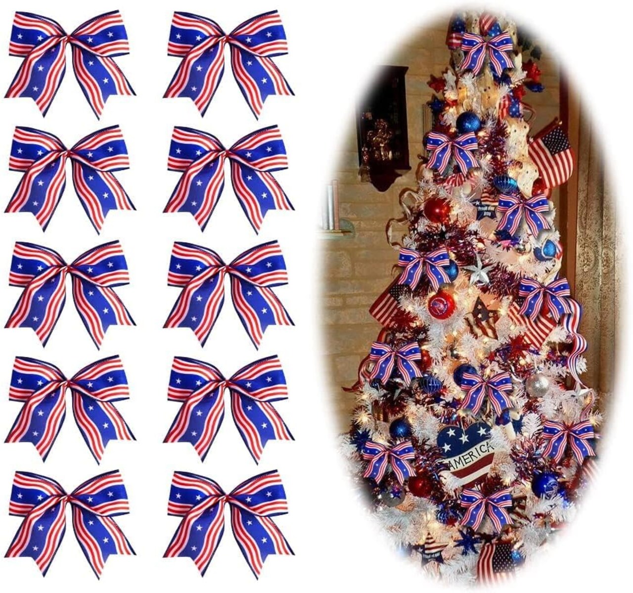 10 PCS 4th of July Patriotic Bows – Red & Blue Burlap Wreath Bows with Stars & Stripes, Memorial Day, Independence Day, Veterans Day Front Door & Craft Decorations